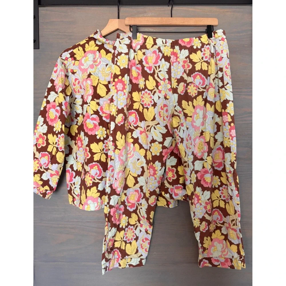 The Cat's Pajamas Pima Cotton Pajama Set Brown Retro Floral Lounge Set SZ M VTG